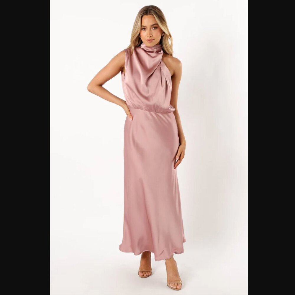 Petal & Pup Anabelle Dusty Pink Satin Halter Neck Midi Dress S